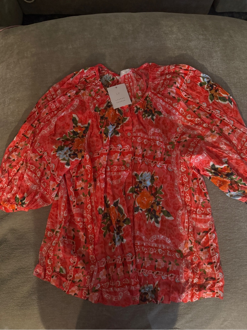 Women’s Red Floral Peasant Blouse - Lightweight Gathered Top